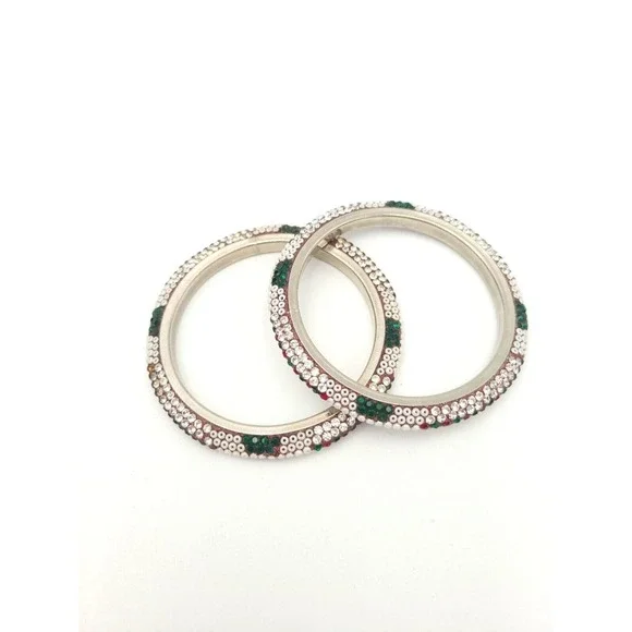 Vintage Bangle Bracelets 2pc Red & Green Rhinestones White Beads Holiday Jewelry - Picture 2 of 6